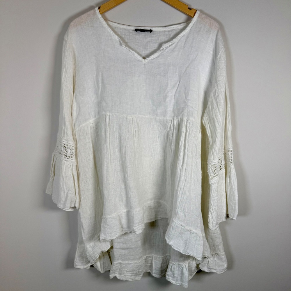 Minnie Rose Linen Blend Tunic Blouse Top XS White Crochet Bell Sleeve Ruffle